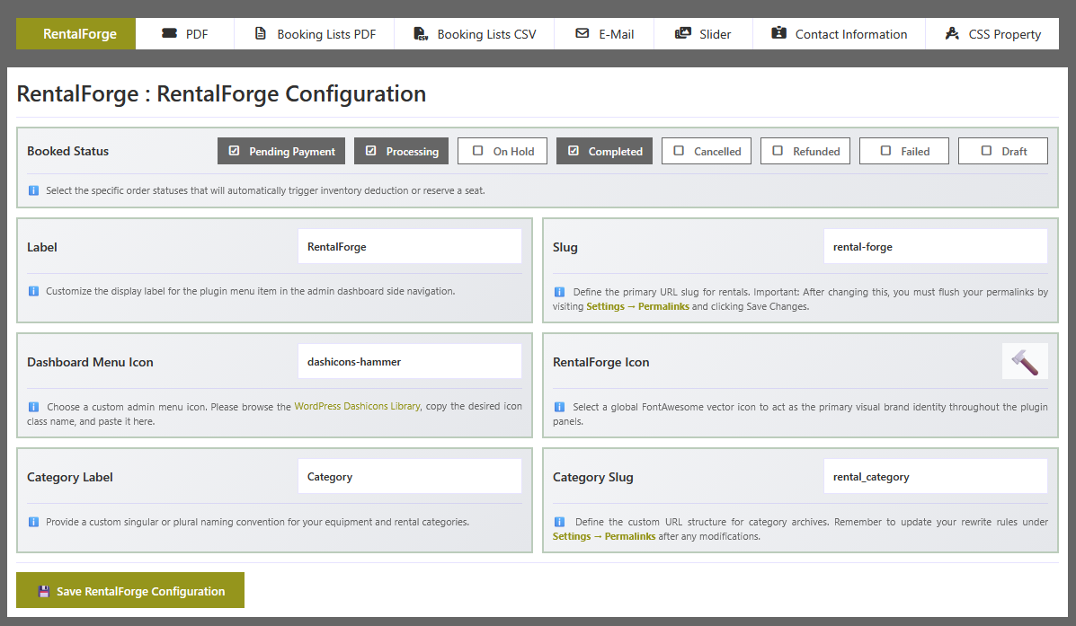 RentalForge configuration screen