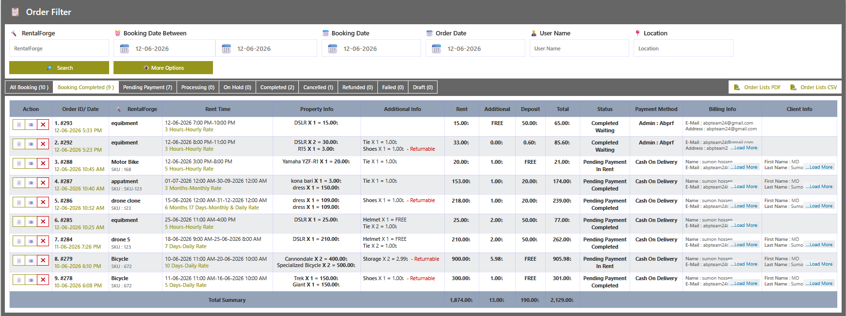 RentalForge Order List Overview