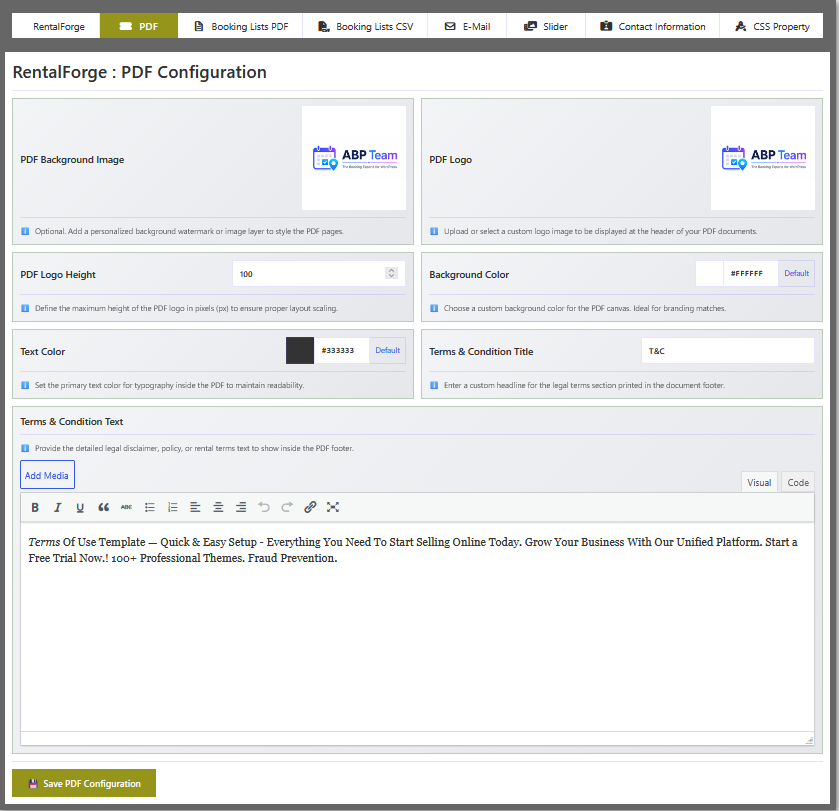 PDF configuration screen